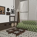 Living Room Interior Design With Green Sofa Wooden TV Cabinet Window Blinds And Decorative Paintings