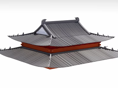 Traditional Chinese Architectural Roof with Double Layered Tiles Red Cornice and Curved Eaves 3d model