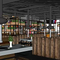 Industrial Style Restaurant Interior With Wooden Partitions Metal Pipes Dining Tables And Green Plants