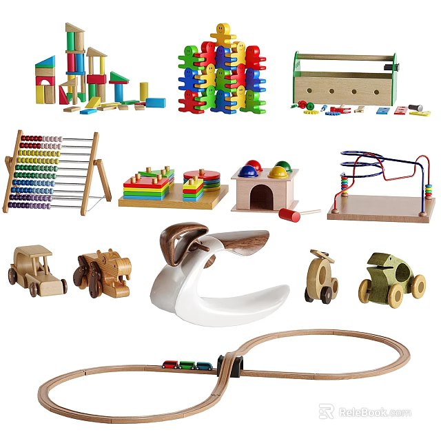 Colorful Wooden Blocks Educational Kids Toys With Railway Track Rocking Horse And Cars 3d model 