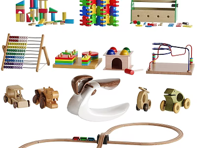 Colorful Wooden Blocks Educational Kids Toys With Railway Track Rocking Horse And Cars 3d model