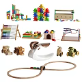 Colorful Wooden Blocks Educational Kids Toys With Railway Track Rocking Horse And Cars
