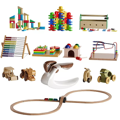 Colorful Wooden Blocks Educational Kids Toys With Railway Track Rocking Horse And Cars 3d model
