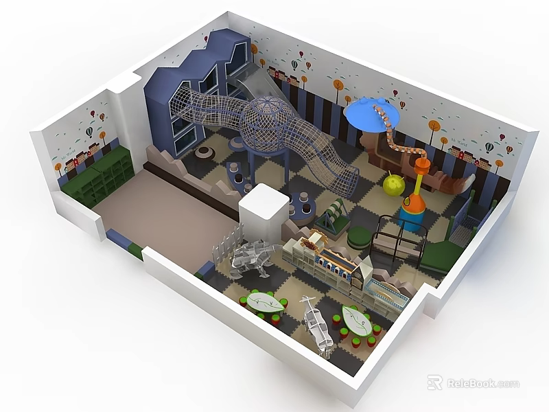 Sturdy Hinged Door in Children Playroom with Slide Climbing Net and Colorful Decorations 3d model 