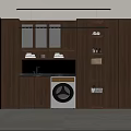 Modern Laundry Room With Wooden Cabinets Washing Machine Sink Shelves And Window Blinds