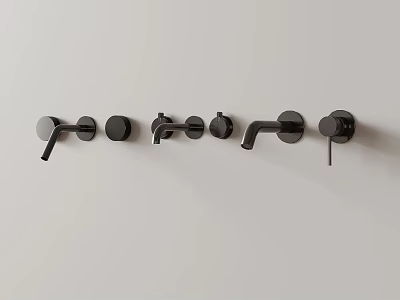 Three Modern Black Faucets Mounted On White Wall In Sleek Design 3d model