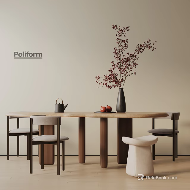 Modern Tea Room Interior Design With Long Table Chairs Teapot And Decorative Flowers 3d model 