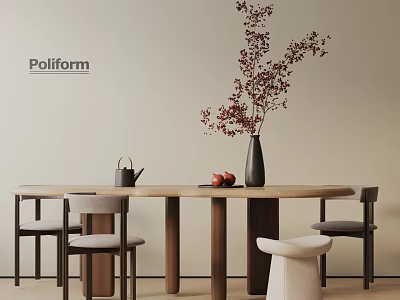 Modern Tea Room Interior Design With Long Table Chairs Teapot And Decorative Flowers 3d model