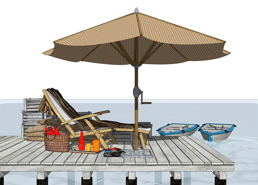 Outdoor Lounge Chair on Wooden Dock with Umbrella Small Boats and Accessories 3d model 