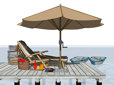 Outdoor Lounge Chair on Wooden Dock with Umbrella Small Boats and Accessories 3d model