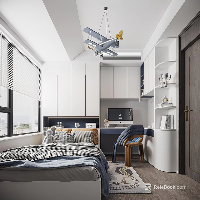 Tatami Bedroom Interior Design With White Cabinets Desk Chair Window Blinds And Airplane Model 3d model 
