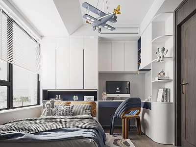 Tatami Bedroom Interior Design With White Cabinets Desk Chair Window Blinds And Airplane Model 3d model