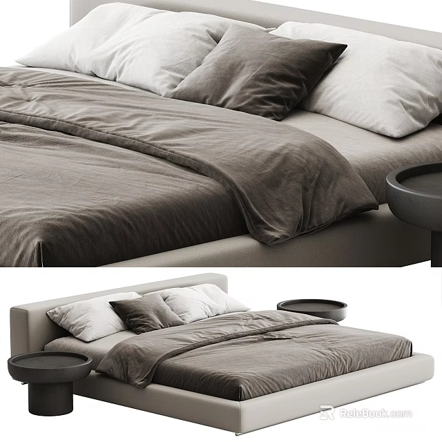 Modern Double Bed Interior With Gray Bedspread Pillows And Bedside Tables 3d model