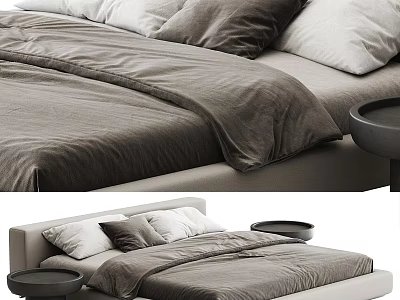 Modern Double Bed Interior With Gray Bedspread Pillows And Bedside Tables 3d model