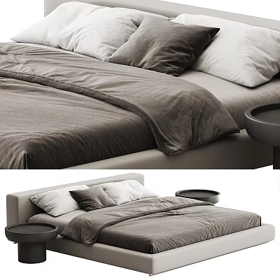 Modern Double Bed Interior With Gray Bedspread Pillows And Bedside Tables 3d model