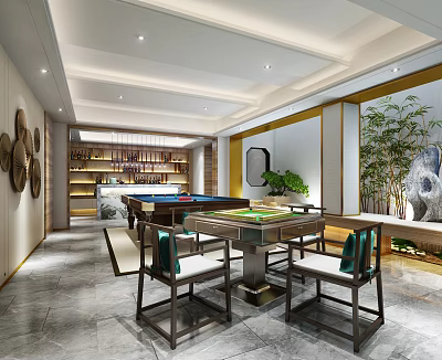 Elegant Entertainment Room Interior Design With Pool Table Mahjong Table Bar Counter And Green Plants 3d model