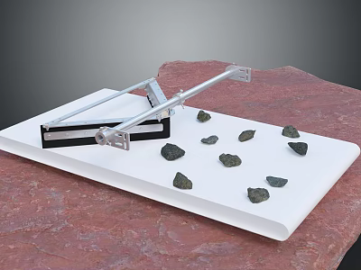 White Platform With Sturdy Metal Frame And Small Dark Stones On Red Smooth Surface 3d model