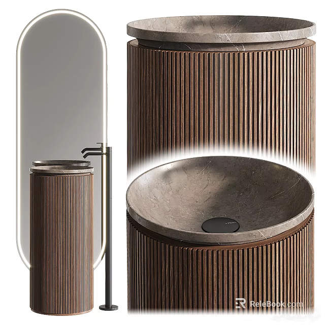 Modern Ribbed Wooden Pedestal Washbasin Design With Stone Countertop And Faucet Mirror 3d model 