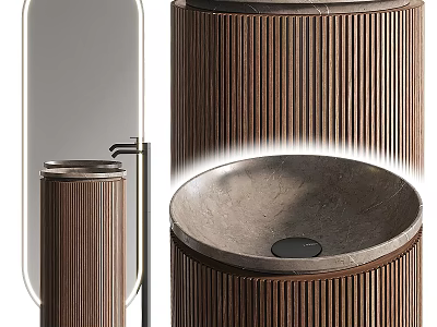Modern Ribbed Wooden Pedestal Washbasin Design With Stone Countertop And Faucet Mirror 3d model