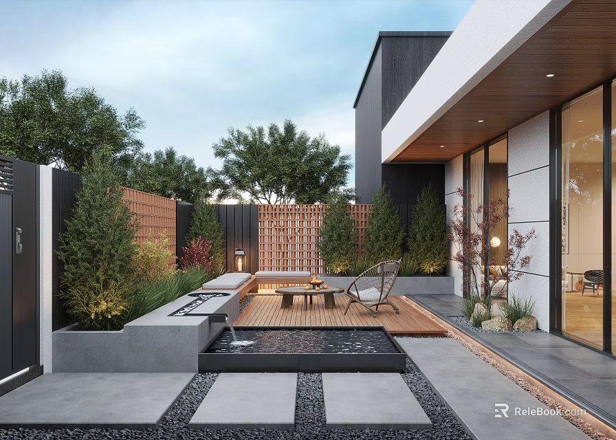 Modern Courtyard Garden With Wooden Deck Seating Water Feature Green Plants And Adjacent Modern House 3d model 