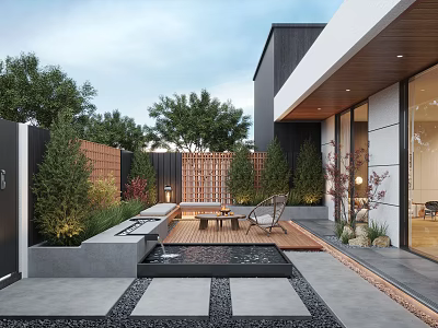 Modern Courtyard Garden With Wooden Deck Seating Water Feature Green Plants And Adjacent Modern House 3d model