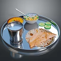 Modern Kitchen Appliances for Preparing Rice Chapati Curry with Fresh Cucumber and Silver Tray