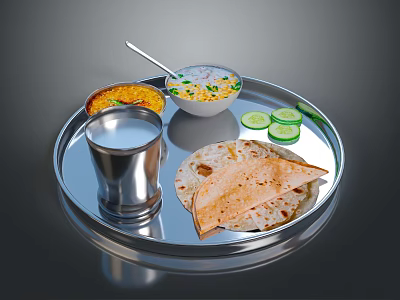 Modern Kitchen Appliances for Preparing Rice Chapati Curry with Fresh Cucumber and Silver Tray 3d model