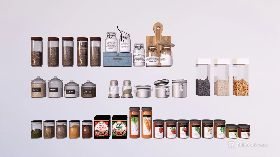 Different Designed Glass Spice Jars With Airtight Lids For Storing Various Spices In Kitchen 3d model 