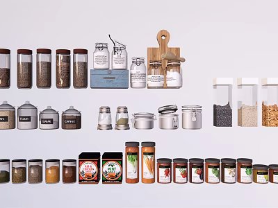 Different Designed Glass Spice Jars With Airtight Lids For Storing Various Spices In Kitchen 3d model