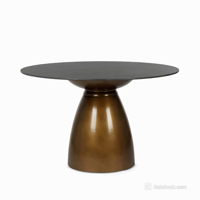 Modern Round Dining Table With Smooth Black Tabletop And Shiny Brass Pedestal Base 3d model 