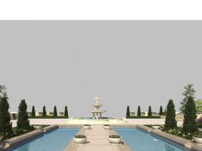Serene Garden Landscape With Central Fountain Pool Pathway And Lined Trees 3d model