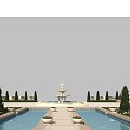 Serene Garden Landscape With Central Fountain Pool Pathway And Lined Trees