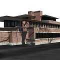 Red Brick Single Family Home With Black Roof Large Windows Surrounding Trees And Green Lawn