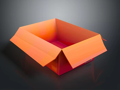 Open Orange Cardboard Box With Folded Flaps On Dark Background Shiny Surface And Empty Interior 3d model
