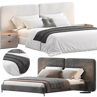 Double Bed With White Bedspread Gray Striped Throw Gray Brown Pillows And Gray Headboard 3d model