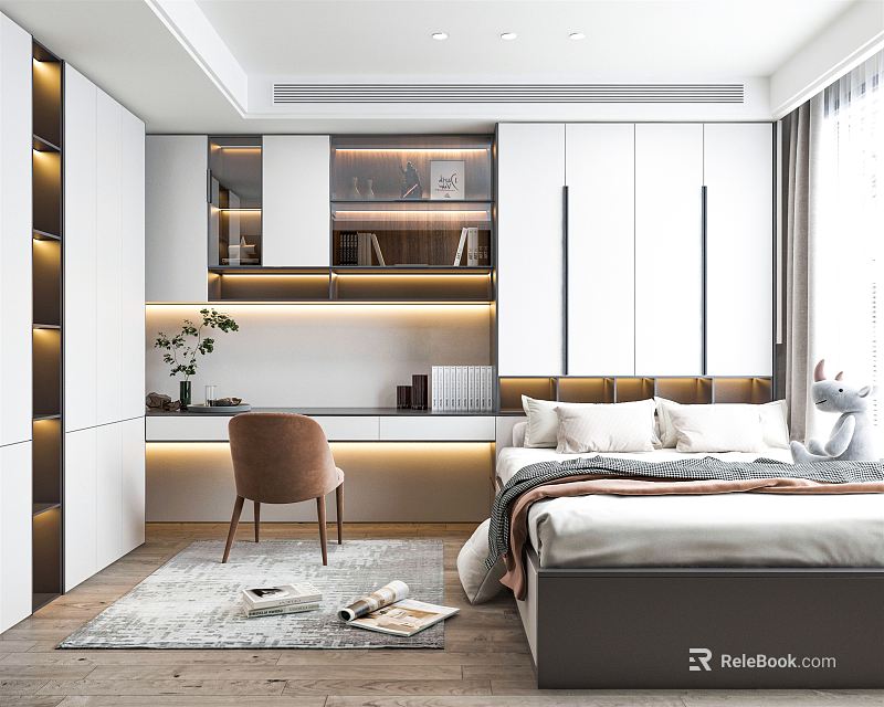 Modern Tatami Bedroom With Built-in Storage Cabinets Desk Chair Cozy Carpet And Natural Light 3d model 