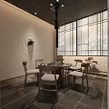 Japanese Style Private Dining Room With Long Wooden Table Chairs Grid Windows And Wall Paintings