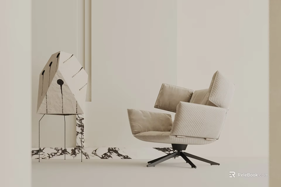 Beige Plush Accent Chair With Swivel Base And Modern Decorative Side Stand 3d model 