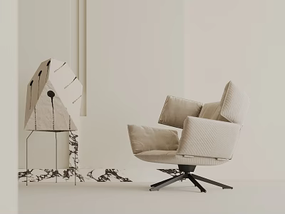Beige Plush Accent Chair With Swivel Base And Modern Decorative Side Stand 3d model