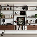 Brown Wooden Wall Mounted Shelf Unit With Books Decorative Items Photo Frames And Plants