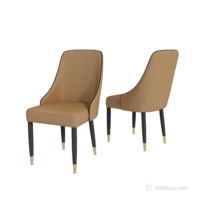 Brown Leather Dining Chairs With Curved Backrest And Black Legs Golden Feet 3d model 
