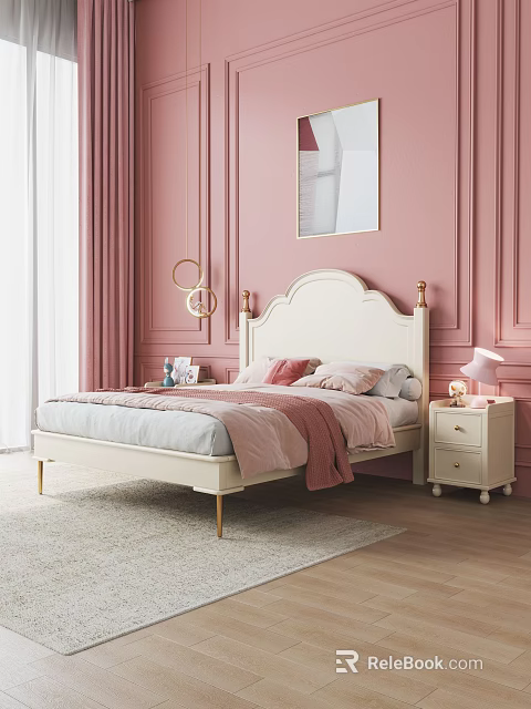 Elegant Double Bed with White Headboard Gold Legs and Pink Blanket in Pink Wall Background 3d model 