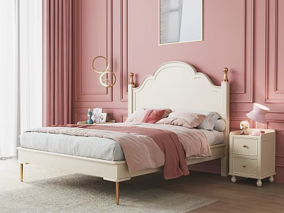 Elegant Double Bed with White Headboard Gold Legs and Pink Blanket in Pink Wall Background 3d model