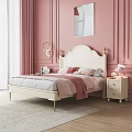 Elegant Double Bed with White Headboard Gold Legs and Pink Blanket in Pink Wall Background