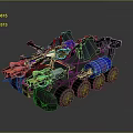 Armored Military Vehicle With Heavy Weapon System Multiple Wheels And Blue Mechanical Details