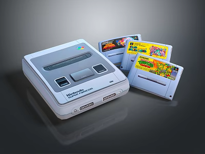 Retro Super Nintendo Entertainment System Gaming Console With Classic Game Cartridges 3d model