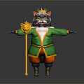 Royal Cat Character In Green Robe With Crown And Golden Scepter