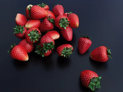 Fresh Ripe Strawberries with Red Fruit and Green Leaves on Black Background 3d model