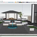 Serene Contemporary Garden Design With Central Fountain Pavilion Stone Benches And Lush Greenery