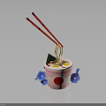 Japanese Ramen Bowl with Chopsticks Noodles and Red Circle Design Surrounded by Blue Flowers